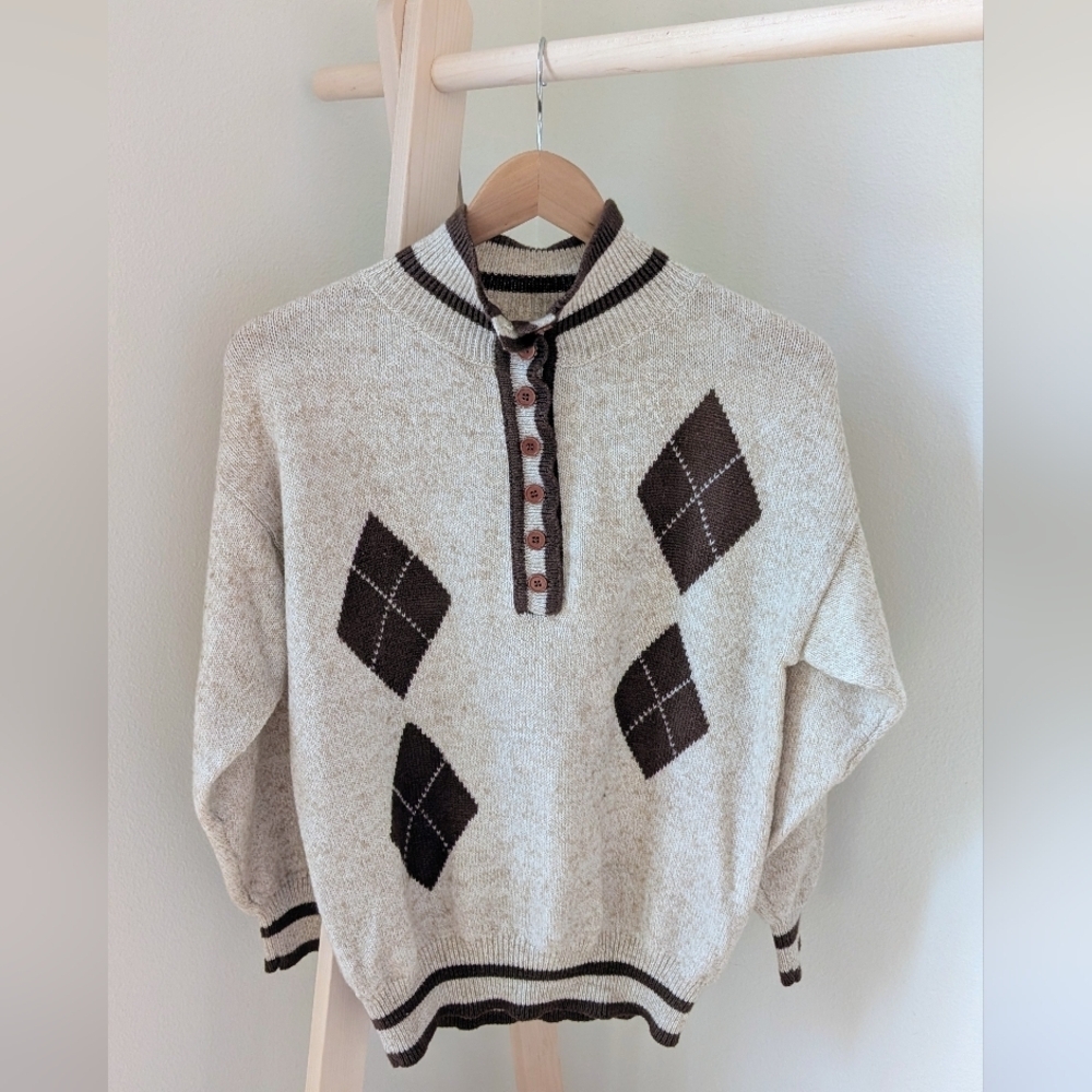 Vintage Geometric Argyle Patterned 1/4 Button Up Collared Sweater In Ivory/Brown - Picture 1 of 8